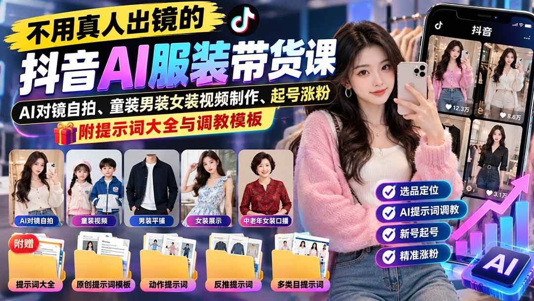（20960期）不用真人出镜的抖音AI服装带货课：AI对镜自拍、童装男装女装视频制作、起号涨粉，附提示词大全与调教模板-优优云网创