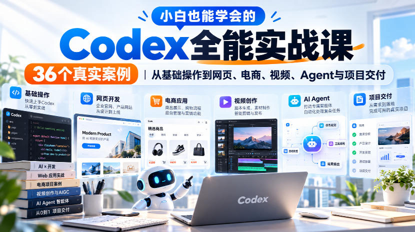 小白也能学会的Codex全能实战课|36个真实案例,从基础操作到网页、电商、视频、Agent与项目交付 小白也能学会的Codex全能实战课|36个真实案例,从基础操作到网页、电商、视频、Agent与项目交付