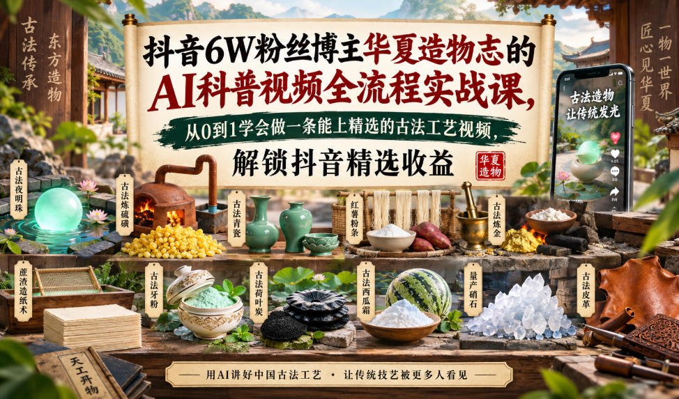 抖音6W粉丝博主华夏造物志的AI科普视频全流程实战课,从0到1学会做一条能上精选的古法工艺视频,解锁抖音精选收益-优优云网创