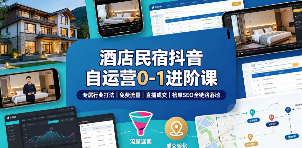 酒店民宿抖音自运营0-1进阶课｜专属行业打法、免费流量+直播成交+榜单SEO全链路落地-优优云网创