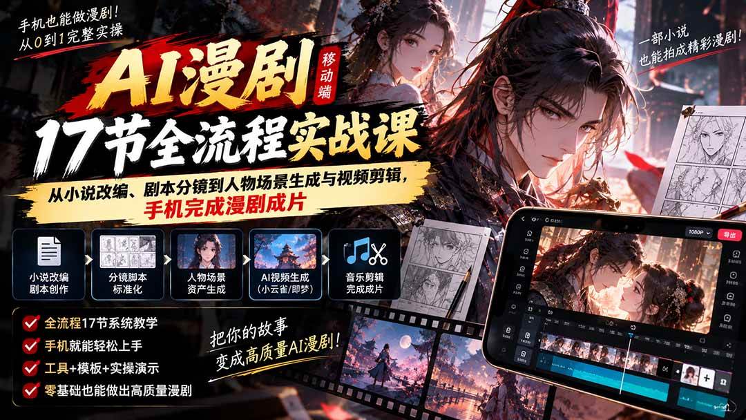 （20624期）AI漫剧移动端17节全流程实战课：从小说改编、剧本分镜到人物场景生成与视频剪辑，手机完成漫剧成片-优优云网创