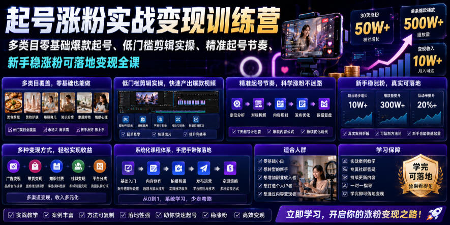苗子起号涨粉实战变现训练营，多类目零基础爆款起号、精准起号节奏、新手稳涨粉可落地变现全课（更新0719）-优优云网创
