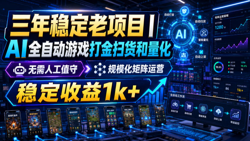 三年稳定老项目｜AI全自动游戏打金扫货和量化，无需人工值守，规模化矩阵运营，稳定收益1k+【揭秘】-优优云网创