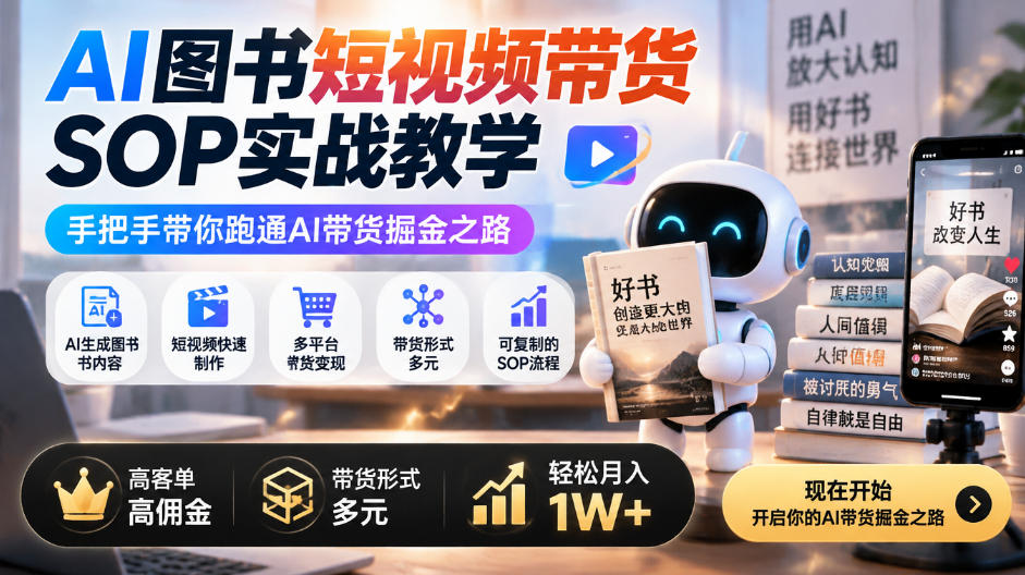 AI图书短视频带货SOP实战教学，手把手带你跑通AI带货掘金之路，高客单高佣金，带货形式多元，轻松月入1W+-优优云网创