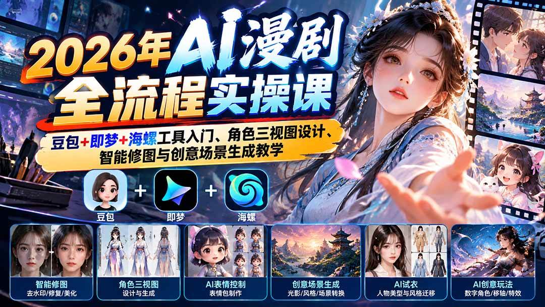 （21077期）2026年AI漫剧全流程实操课：豆包+即梦+海螺工具入门、角色三视图设计、智能修图与创意场景生成教学-优优云网创