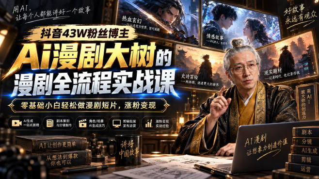 抖音43W粉丝博主Ai漫剧大树的漫剧制作全流程实战课，零基础小白轻松做漫剧短片，涨粉变现-优优云网创