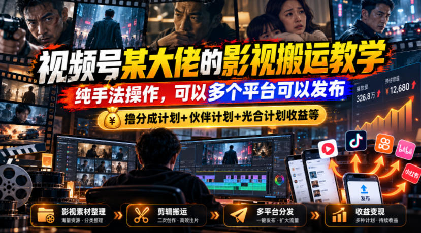 视频号某大佬的影视搬运教学，纯手法操作，可以多个平台可以发布，撸分成计划+伙伴计划+光合计划收益等-优优云网创