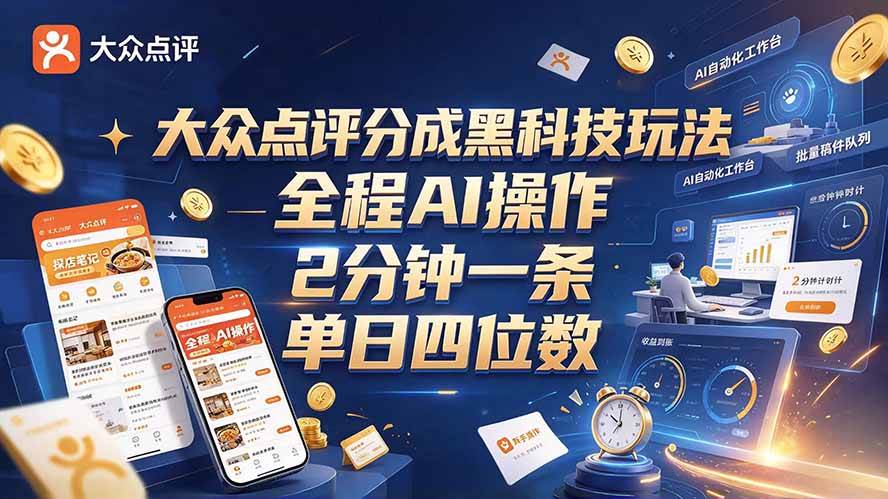 （21013期）大众点评分成全网独家玩法，AI 全自动出内容，2 分钟一条，小白可冲单日四位数-优优云网创