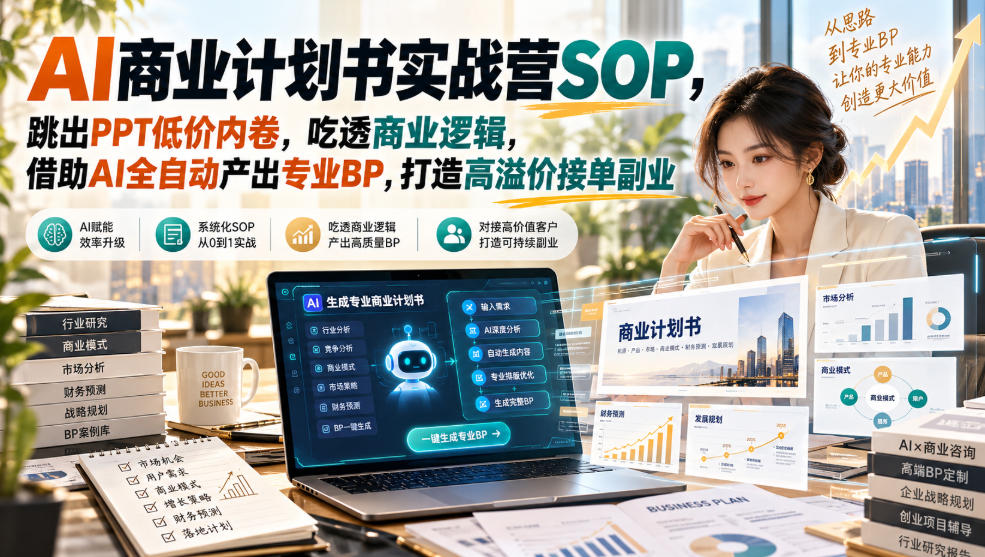 AI商业计划书实战营SOP，跳出PPT低价内卷，吃透商业逻辑，借助AI全自动产出专业BP，打造高溢价接单副业-优优云网创
