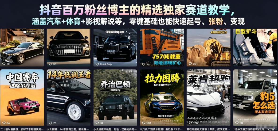 抖音百万粉丝博主的精选独家赛道教学，涵盖汽车+体育+影视解说等，零基础也能快速起号、涨粉、变现-优优云网创