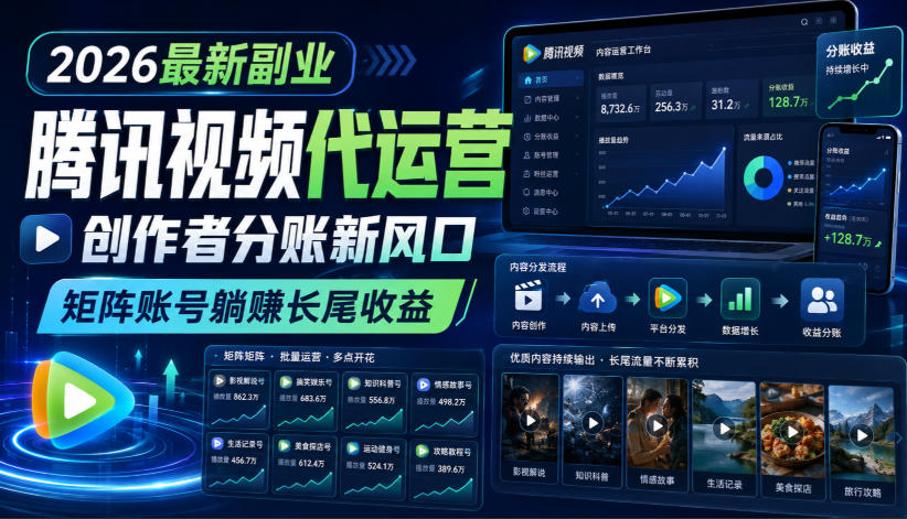 2026最新副业之腾讯视频代运营：创作者分账新风口，矩阵账号躺賺长尾收益【揭秘】-优优云网创