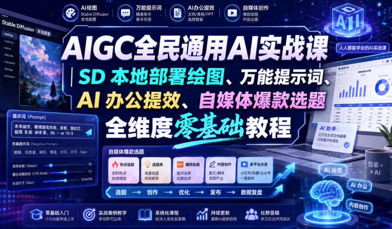 AIGC全民通用AI实战课｜SD本地部署绘图、万能提示词、AI办公提效、自媒体爆款选题全维度零基础教程-优优云网创
