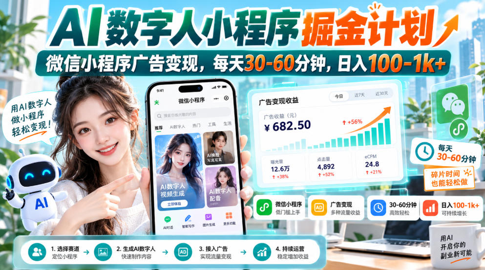 【无水印】AI数字人小程序掘金计划，微信小程序广告变现，每天30‑60分钟，日入100‑1k+-优优云网创