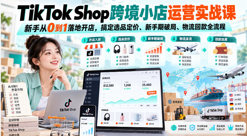 TikTok Shop跨境小店运营实战课，新手从0到1落地开店，搞定选品定价、新手期破局、物流回款全流程-优优云网创