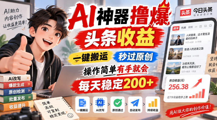AI神器撸爆头条收益，一键搬运，秒过原创，操作简单有手就会，每天稳定200+【揭秘】-优优云网创