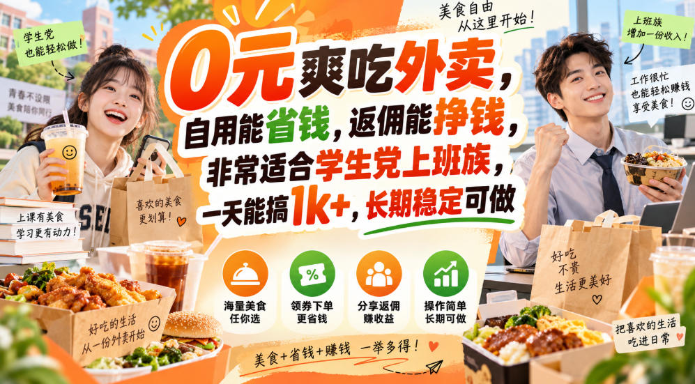 0元爽吃外卖，自用能省钱，返佣能挣钱，非常适合学生党上班族，一天能搞1k+，长期稳定可做-优优云网创