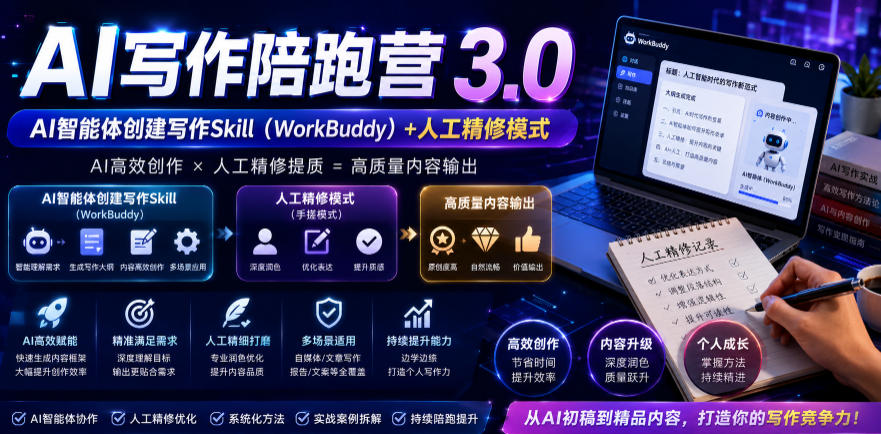 AI写作陪跑营3.0，Ai智能体创建写作skill（workbuddy）+人工手写模式（手搓模式），去除AI痕迹（头条号、公众号、百家号）（更新0806）-优优云网创