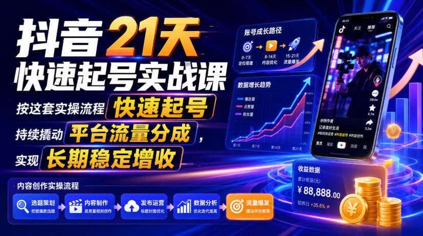 抖音21天快速起号实战课,按这套实操流程快速起号,持续撬动平台流量分成,实现长期稳定增收-优优云网创