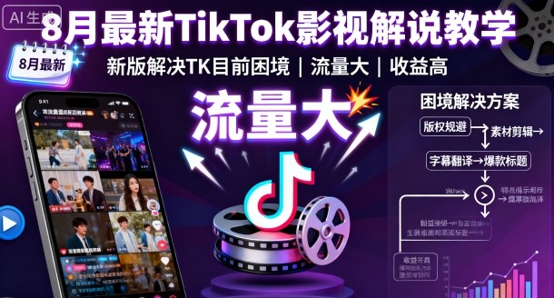 8月最新TikTok影视解说教学，新版解决TK目前困境，流量大，收益高-优优云网创