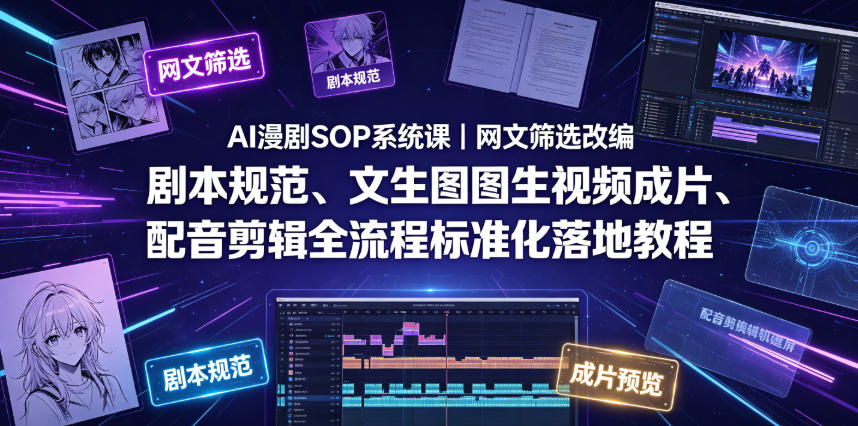 AI漫剧SOP系统课｜网文筛选改编、剧本规范、文生图图生视频成片、配音剪辑全流程标准化落地教程-优优云网创