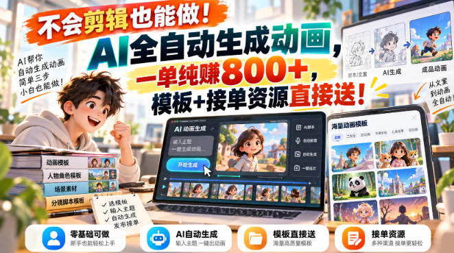 不会剪辑也能做！AI全自动生成动画，一单纯賺800+，模板+接单资源直接送！【揭秘】-优优云网创