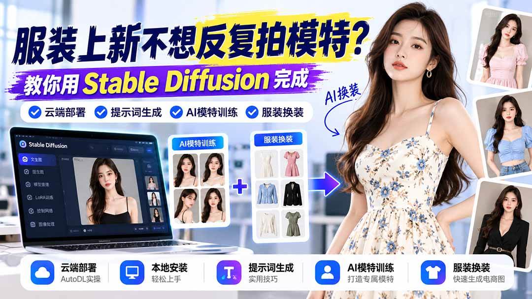 （21099期）服装上新不想反复拍模特？教你用Stable Diffusion完成云端部署、提示词生成、AI模特训练与换装-优优云网创