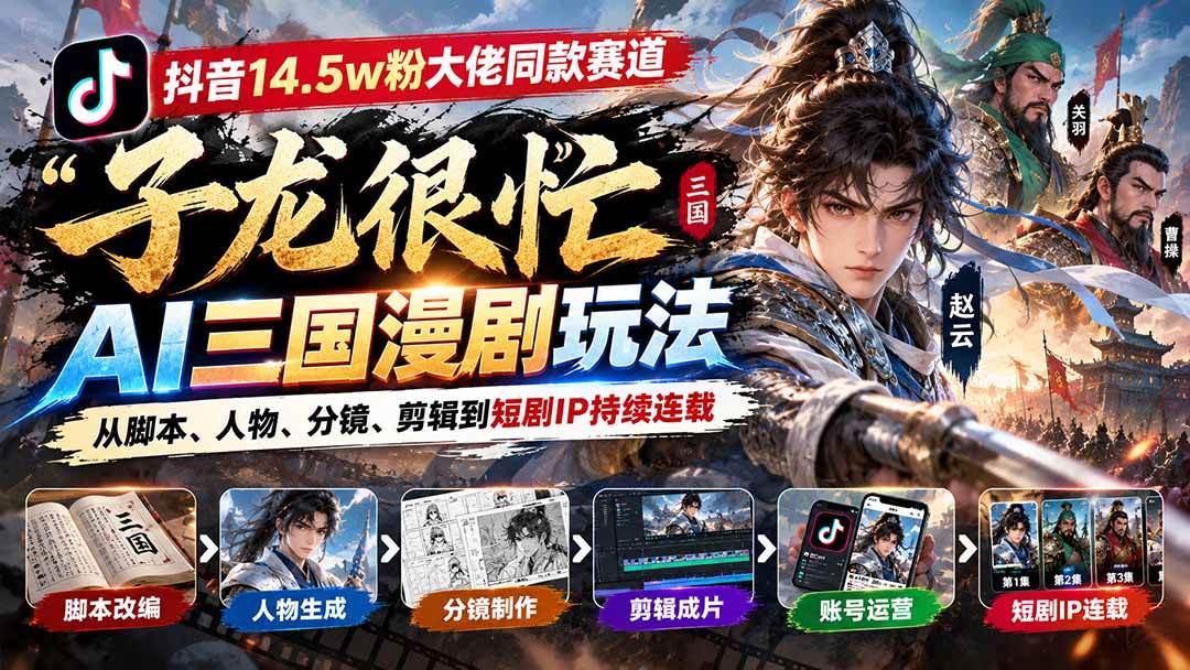 （20818期）抖音14.5w粉大佬同款赛道「子龙很忙」AI三国漫剧玩法：从脚本、人物、分镜、剪辑到短剧IP持续连载-优优云网创