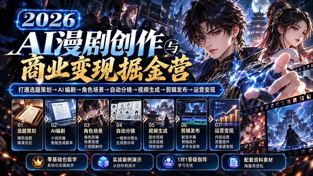 （20906期）【无水印】2026AI漫剧创作与商业变现掘金营：打通选题→AI编剧→角色场景→自动分镜→视频生成→剪辑发布→运营变现-优优云网创