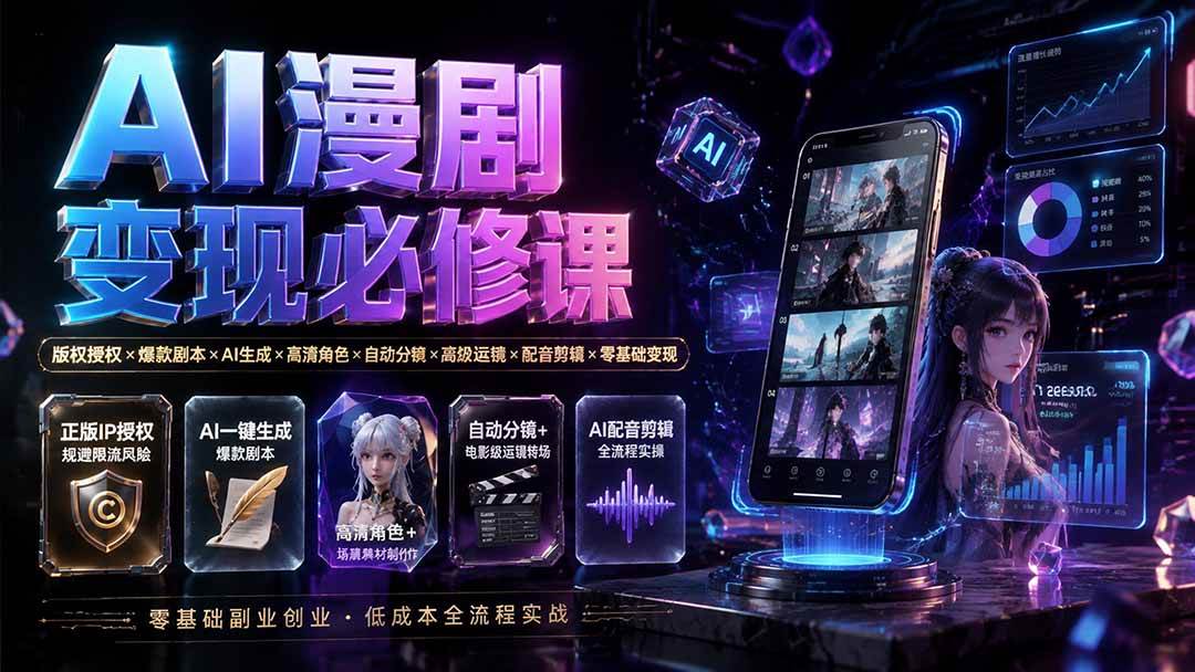（19664期）AI漫剧变现必修课：版权授权×爆款剧本×AI生成×高清角色×自动分镜×高级运镜×配音剪辑×零基础变现-优优云网创