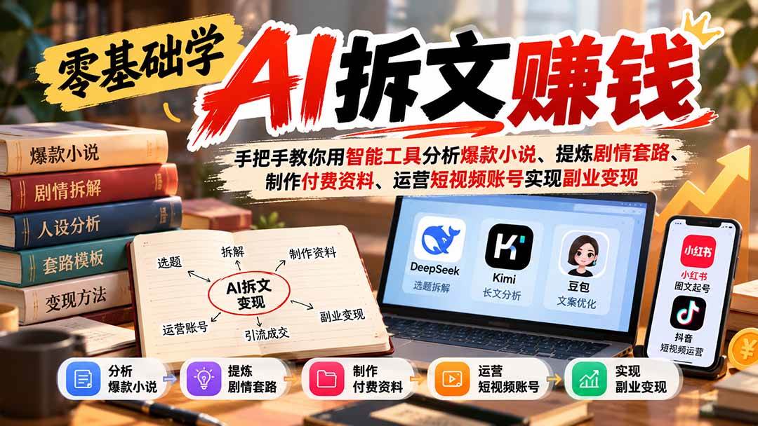 （21030期）零基础学AI拆文赚钱：手把手教你用智能工具分析爆款小说、提炼剧情套路、制作付费资料、运营短视频账号实现副业变现-优优云网创