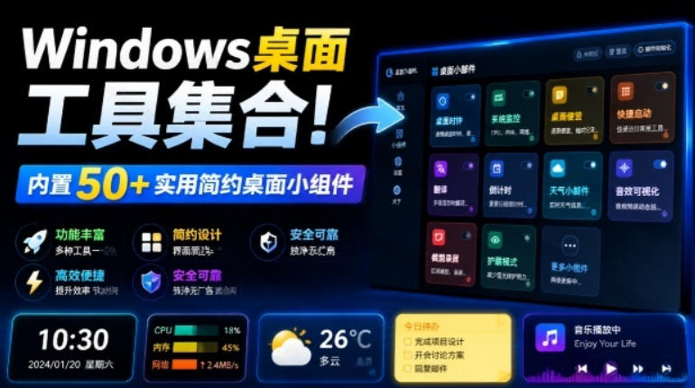 Windows桌面工具集合！内置50+实用简约桌面小组件，含截图、录屏、翻译、天气等，多秘工具箱-优优云网创
