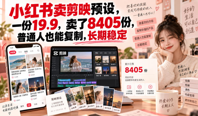 小红书卖剪映预设，一份19.9，卖了8405份，普通人也能复制，长期稳定-优优云网创