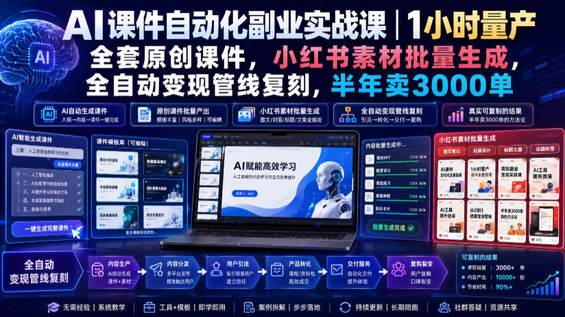 AI课件自动化副业实战课｜1小时量产全套原创课件，小红书素材批量生成，全自动变现管线复刻，半年卖3000单-优优云网创