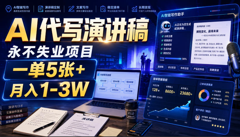 AI代写演讲稿，永不失业项目，一单5张+，月入1-3W【揭秘】-优优云网创