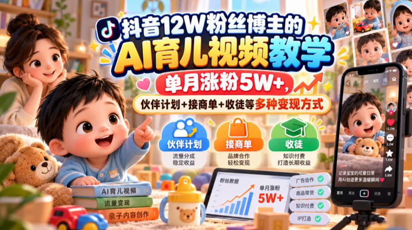 抖音12W粉丝博主的AI育儿视频教学，单月涨粉5W+，伙伴计划+接商单+收徒等多种变现方式-优优云网创