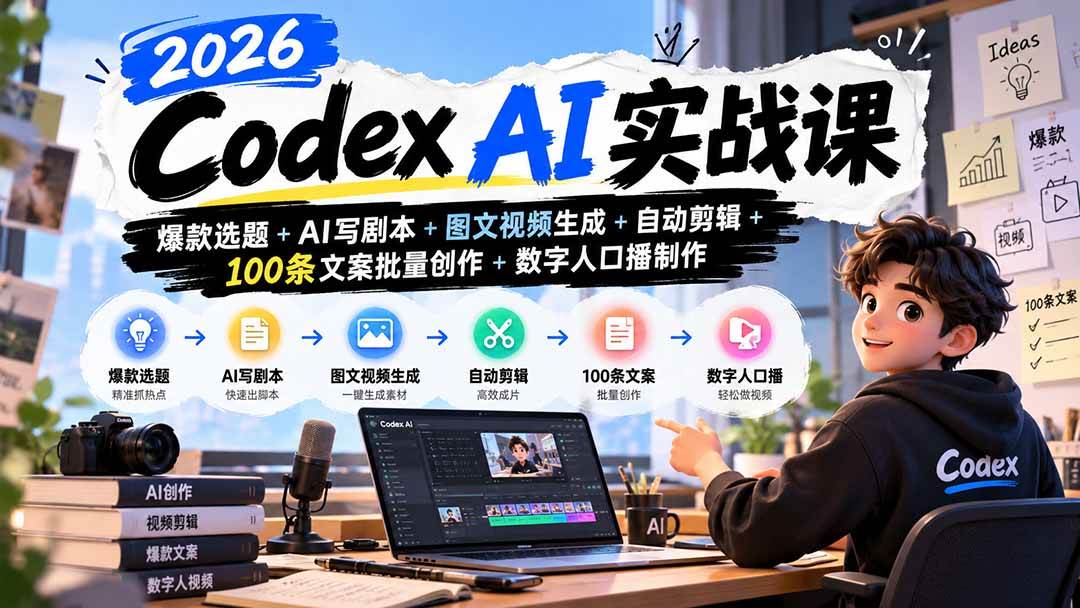 （20899期）2026Codex AI实战课：爆款选题+AI写剧本+图文视频生成+自动剪辑+100条文案批量创作+数字人口播制作-优优云网创