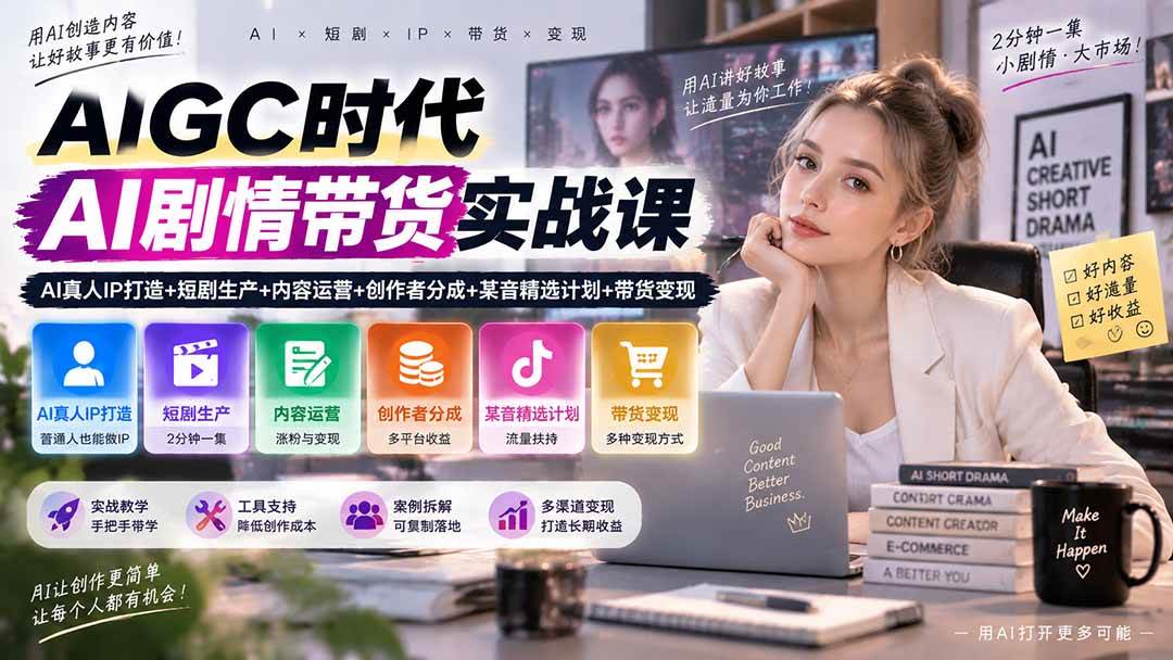 (20567期)AIGC时代AI剧情带货实战课|AI真人IP打造+短剧生产+内容运营+创作者分成、某音精选计划+带货变现-优优云网创