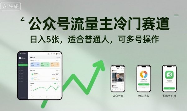 公众号流量主冷门赛道，日入5张，适合普通人，可多号操作-优优云网创
