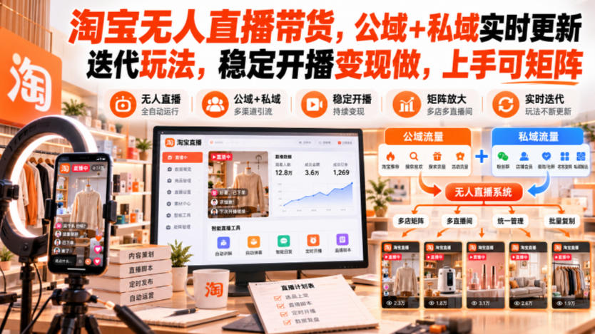 淘宝无人直播带货，公域+私域实时更新迭代玩法，稳定开播变现做，上手可矩阵【揭秘】-优优云网创