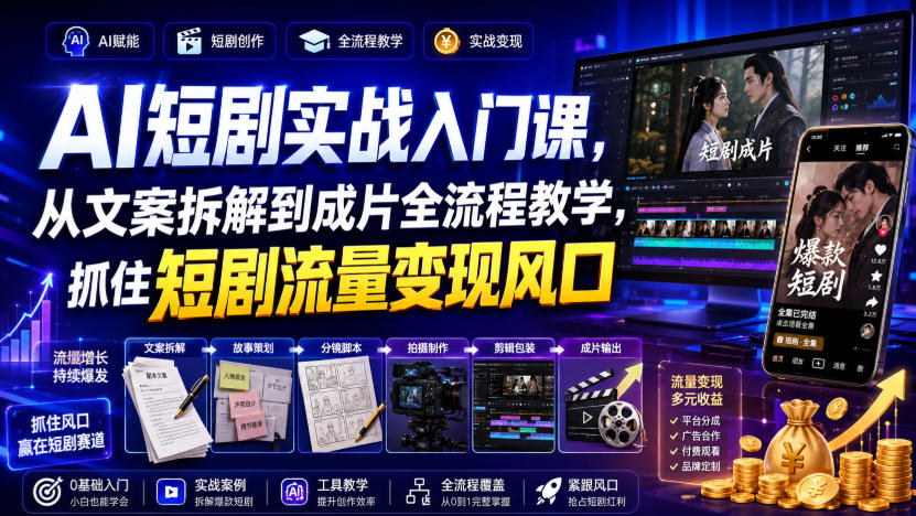 AI短剧实战入门课，从文案拆解到成片全流程教学，抓住短剧流量变现风口-优优云网创