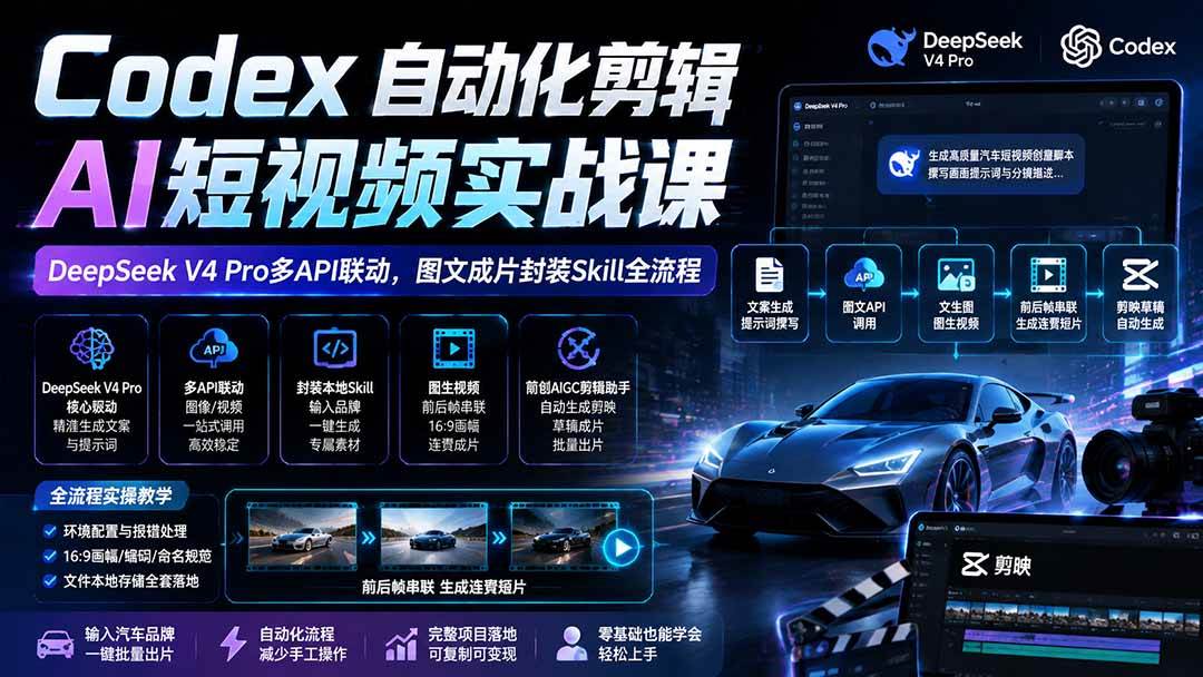 （19711期）Codex自动化剪辑AI短视频实战课｜DeepSeek V4 Pro多API联动，图文成片封装Skill全流程-优优云网创