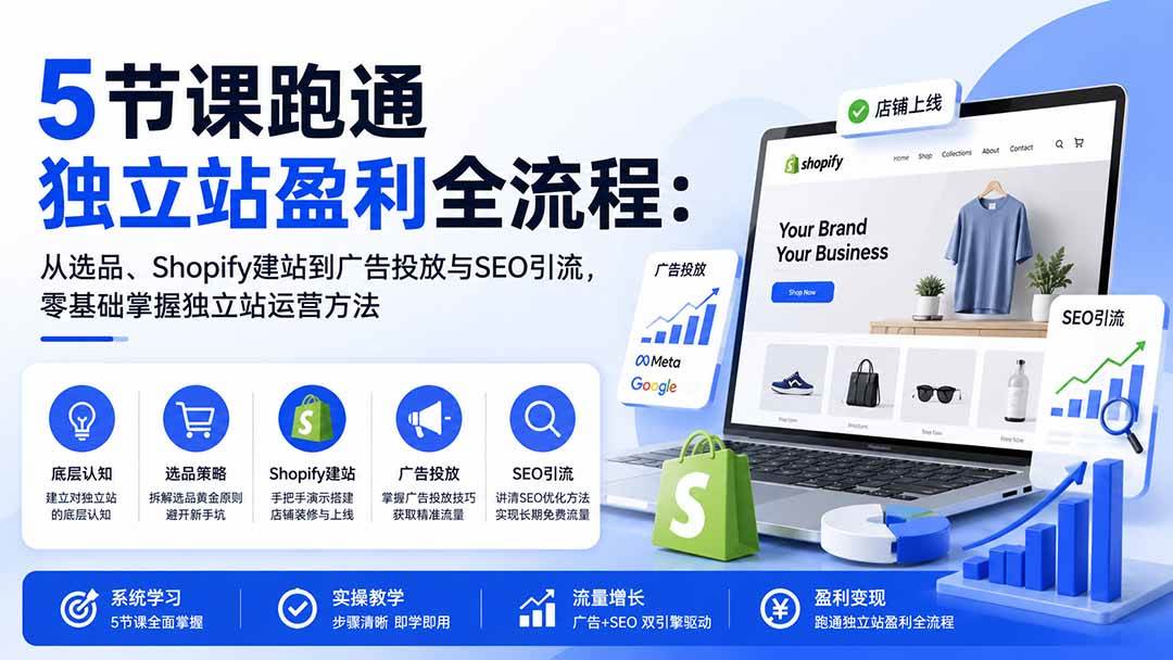 （20316期）5节课跑通独立站盈利全流程：从选品、Shopify建站到广告投放与SEO引流，零基础掌握独立站运营方法-优优云网创