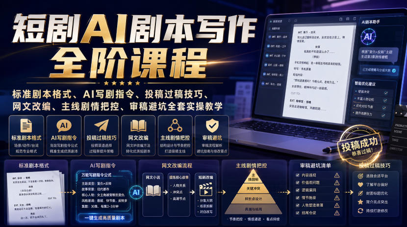 短剧AI剧本写作全阶课程｜标准剧本格式、AI写剧指令、投稿过稿技巧、网文改编、主线剧情把控、审稿避坑全套实操教学-优优云网创