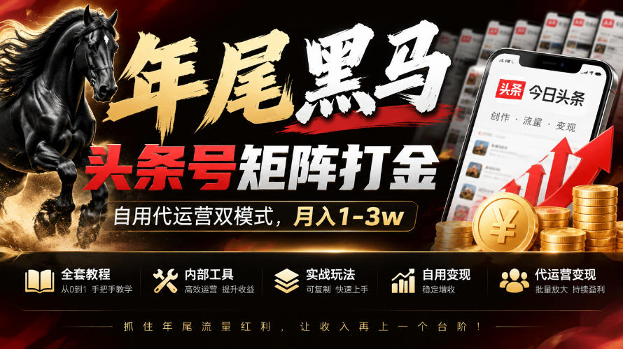 【年尾黑马】头条号矩阵打金，自用代运营双模式，月入1-3w，附全套教程及内部工具【揭秘】-优优云网创