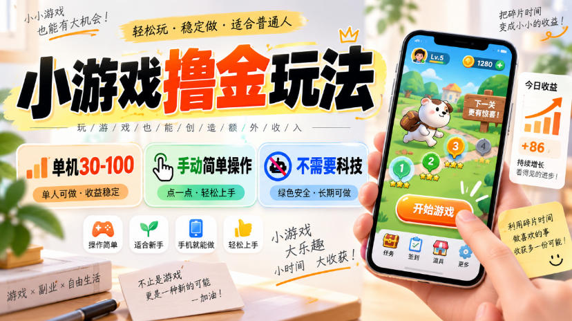 小游戏撸金玩法，单机30-100，手动简单操作，不需要科技-优优云网创