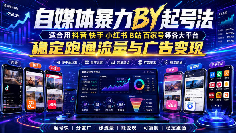 自媒体暴力搬运起号法，适合用抖音快手小红书B站百家号等各大平台，稳定跑通流量与广告变现-优优云网创