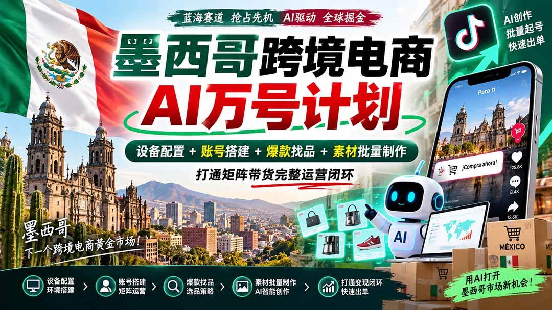（20500期）墨西哥AI跨境电商万号计划｜设备配置+账号搭建+爆款找品+素材批量制作，打通矩阵带货完整运营闭环-优优云网创