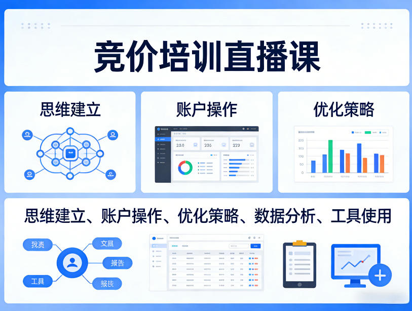 竞价培训直播课，覆盖思维建立、账户操作、优化策略、数据分析、工具使用等，全方位提升效果-优优云网创