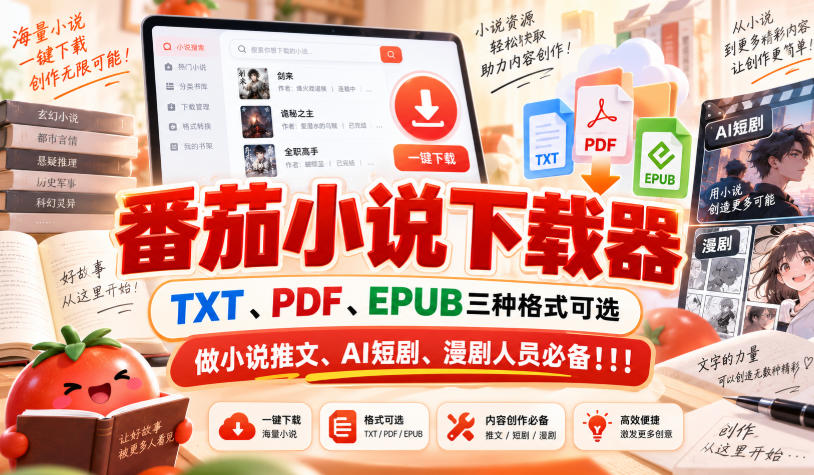 番茄小说下载器，TXT、PDF、EPUB三种格式可选，做小说推文、AI短剧、漫剧人员必备！！！-优优云网创