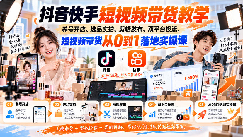 抖音快手短视频带货教学｜养号开店、选品实拍、剪辑发布、双平台投流，短视频带货从0到1落地实操课-优优云网创